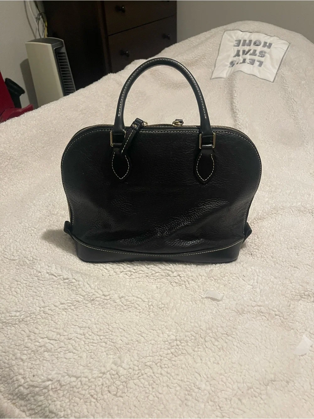 Dooney & Bourke Black Pebbled Leather Dome Satchel with Gold-Tone Logo